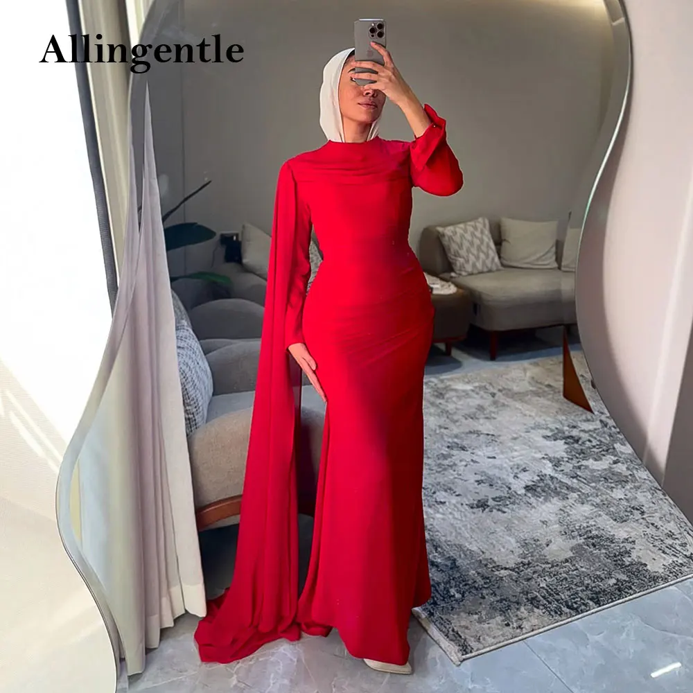 

Red Jersey Pleat Mermaid Long Dresses Bespoke Occasion Dresses Classic A-line High Collar Formal Evening Dresses Customized