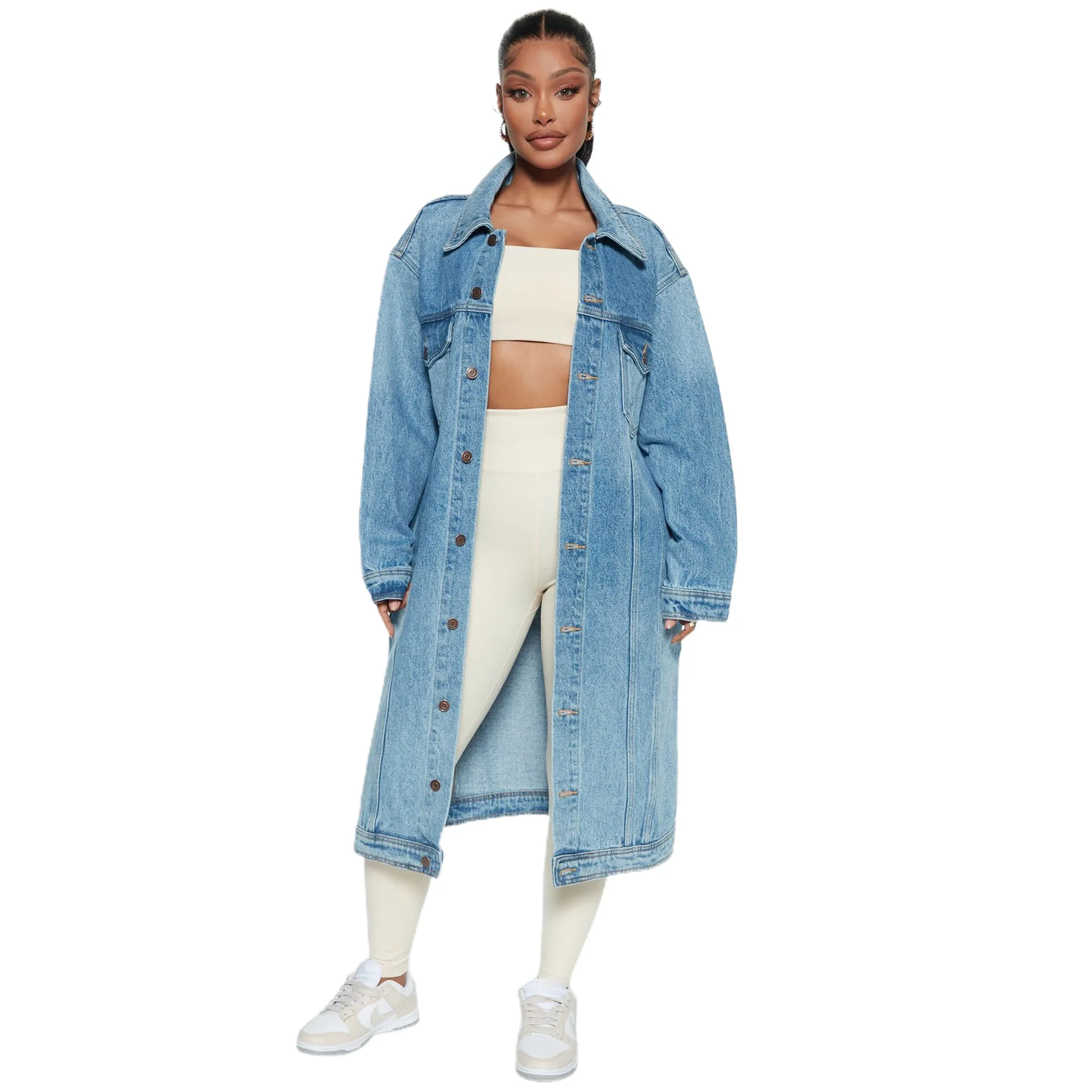 Women's Long Sleeved Denim Trench Coat, Fashionable Cardigan