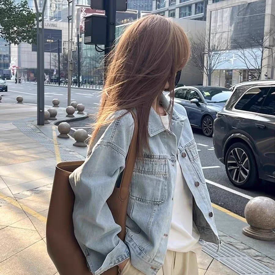 

Washed Cotton Vintage Denim Jacket Women's Loose Long Sleeve Short Casual Jacket Top European Korean Style Spring Autumn