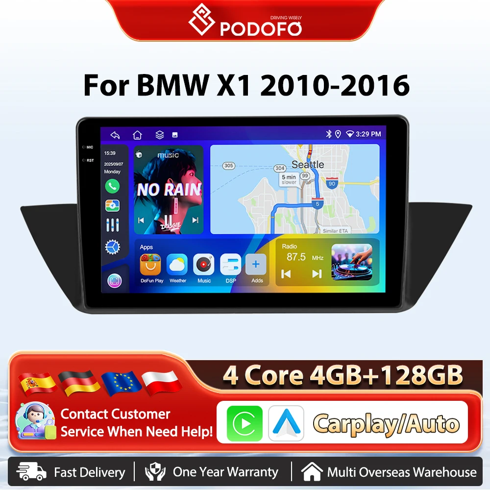 Podofo 10'' Kabelloses Carplay Android Auto Radio für BMW X1 2010-2016, intelligentes Fahrzeugsystem, GPS-Navigation, BT, FM/RDS, 2-DIN-Autoradio, Plug&Play-Hauptgerät, SWC, Auto-Multimedia-Stereo,