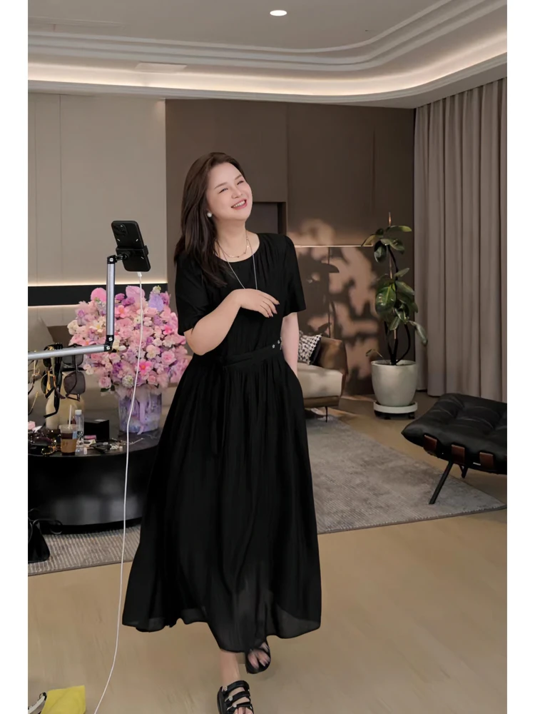 

JoJo Private Label plus Size Midi Dress Slimming Black Summer Gauze Pleated Frock for plus Size Women Comfortable Casual Dress