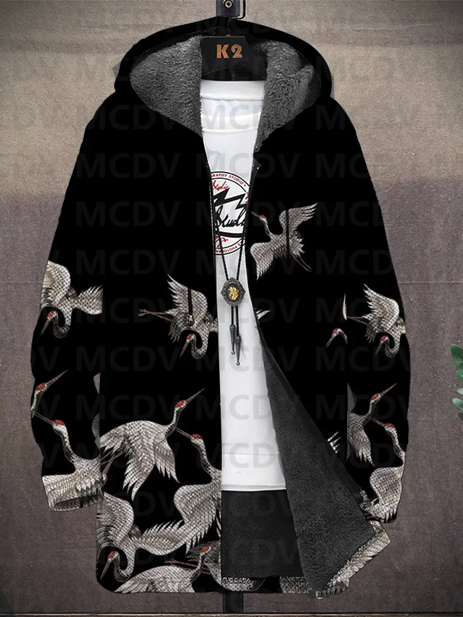 Men\'s Japanese Style Crane Print Hooded Two-Pocket Fleece Cardigan Jacket
