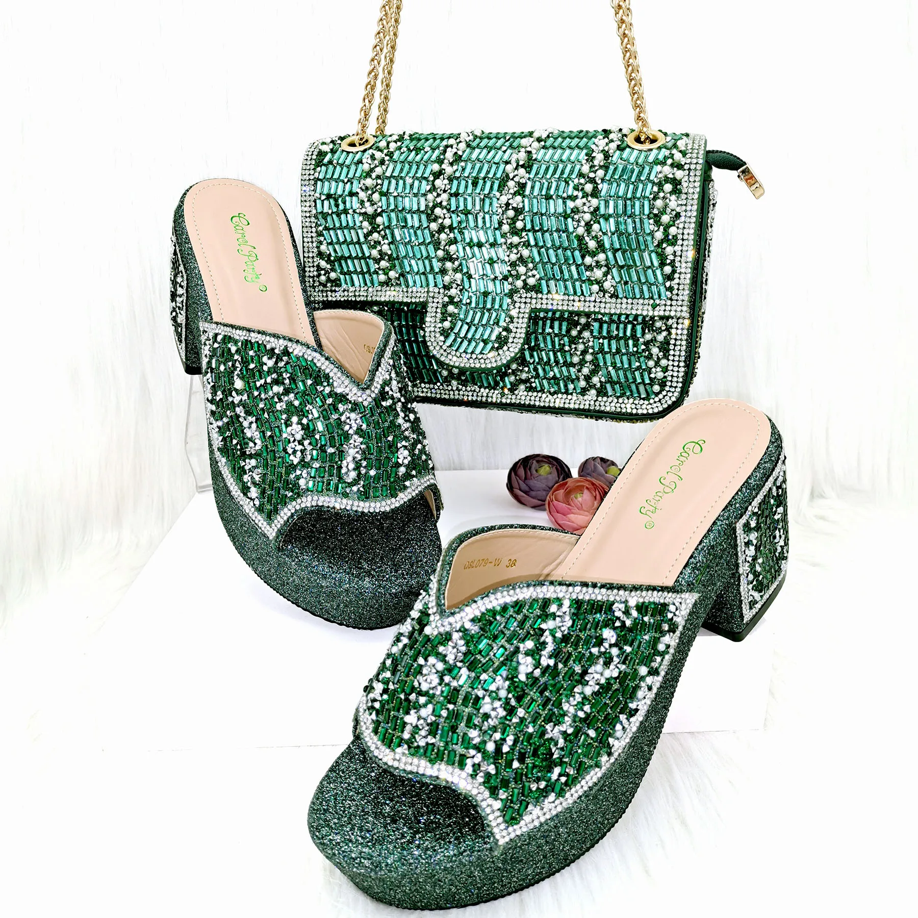 

Luxurious SSS Grade Green And Elegant Women's Designer High Heels And Bag Set, Fashionable Fishmouth Shoes In Nigerian Style