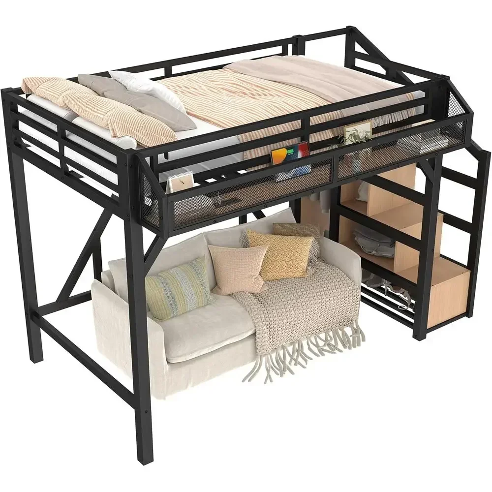 Twin XL Metal Bed with Stairs, Wardrobe, LED Lights, USB Ports for Teens, Black Natural view 4