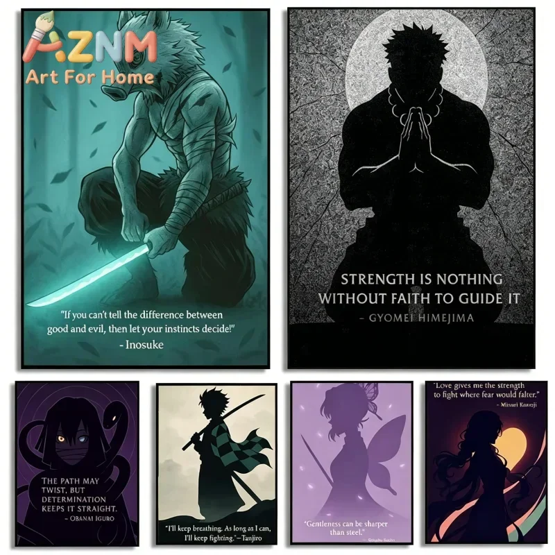 AZNM Demon Slayer Quote Silhouette Anime Canvas Wall Art Frameless Print Poster for Bedroom Living Room Home Wall Decor