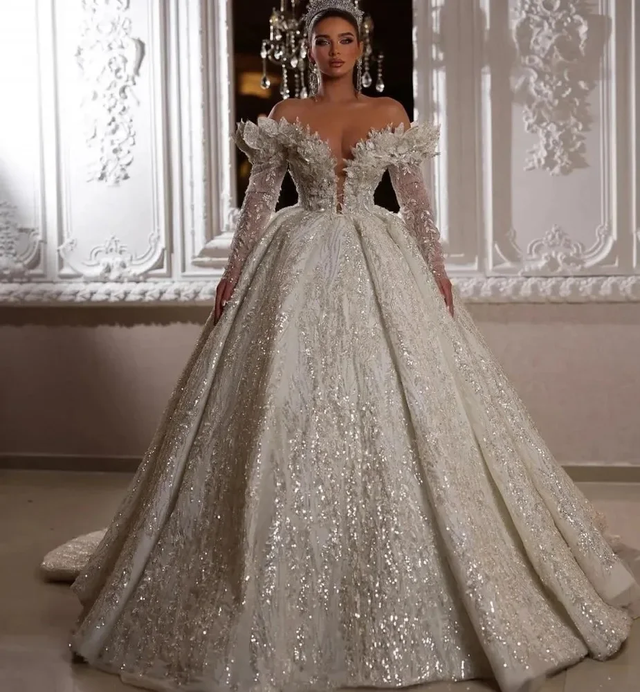 فستان زفاف مطرز بالترتر الفاخر مخصص قبالة الكتف الدانتيل على شكل حرف a فساتين العروس رداء De Mariage Vestidos De Novia