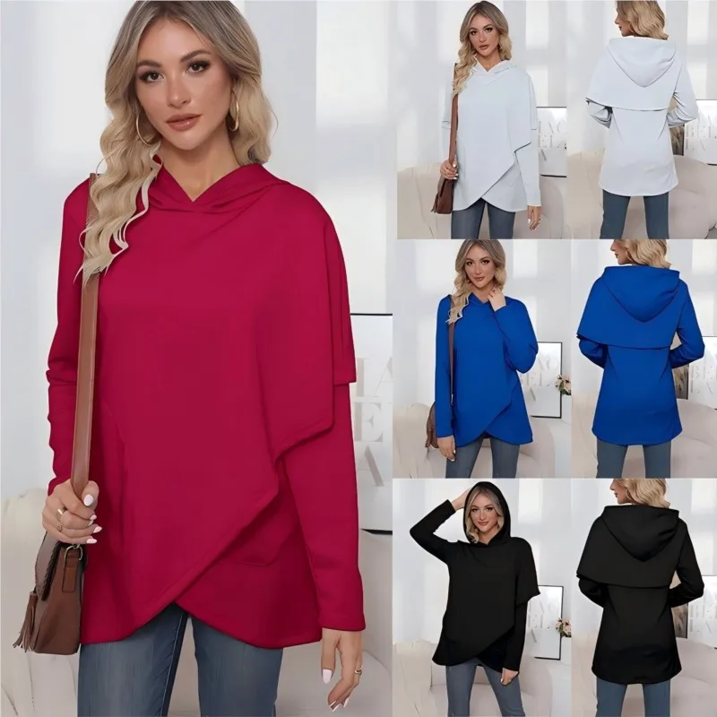 

Модный однотонный пуловер с капюшоном и длинными рукавами, нерегулярным карманом, весенне-осенний женский повседневный и универсальный топ