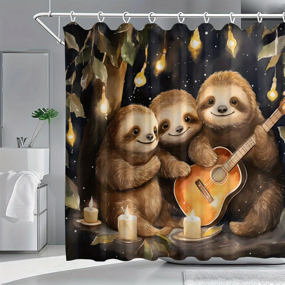Cute Sloth Family Playing Guitar Shower Curtain Fantasy Forest Animal Print Bath Screen Waterproof Polyester Fabric KidsBathroom