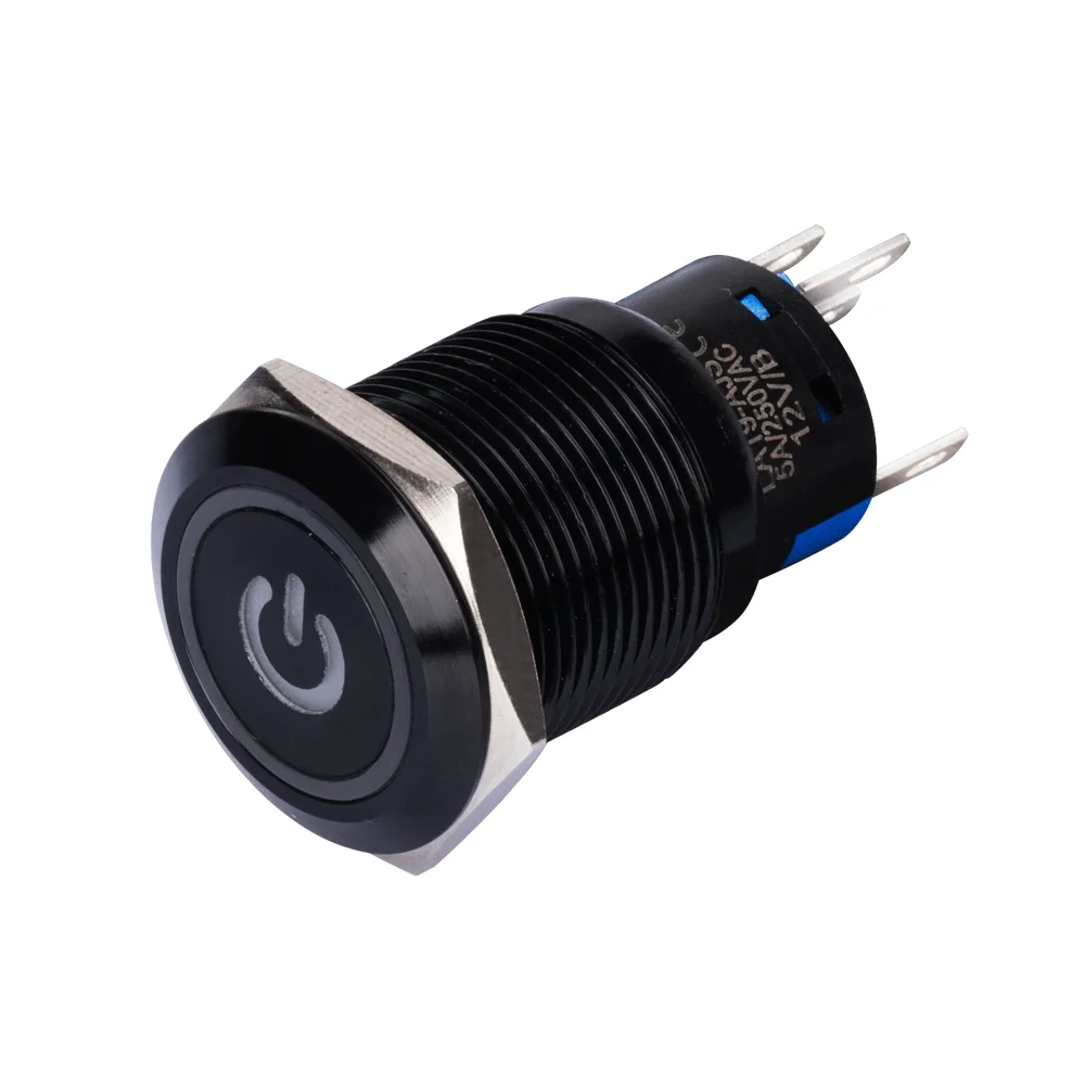 Black Aluminum IP65 19MM 1NO 1NC 250V Power Push Button Switch Customized  LED Light