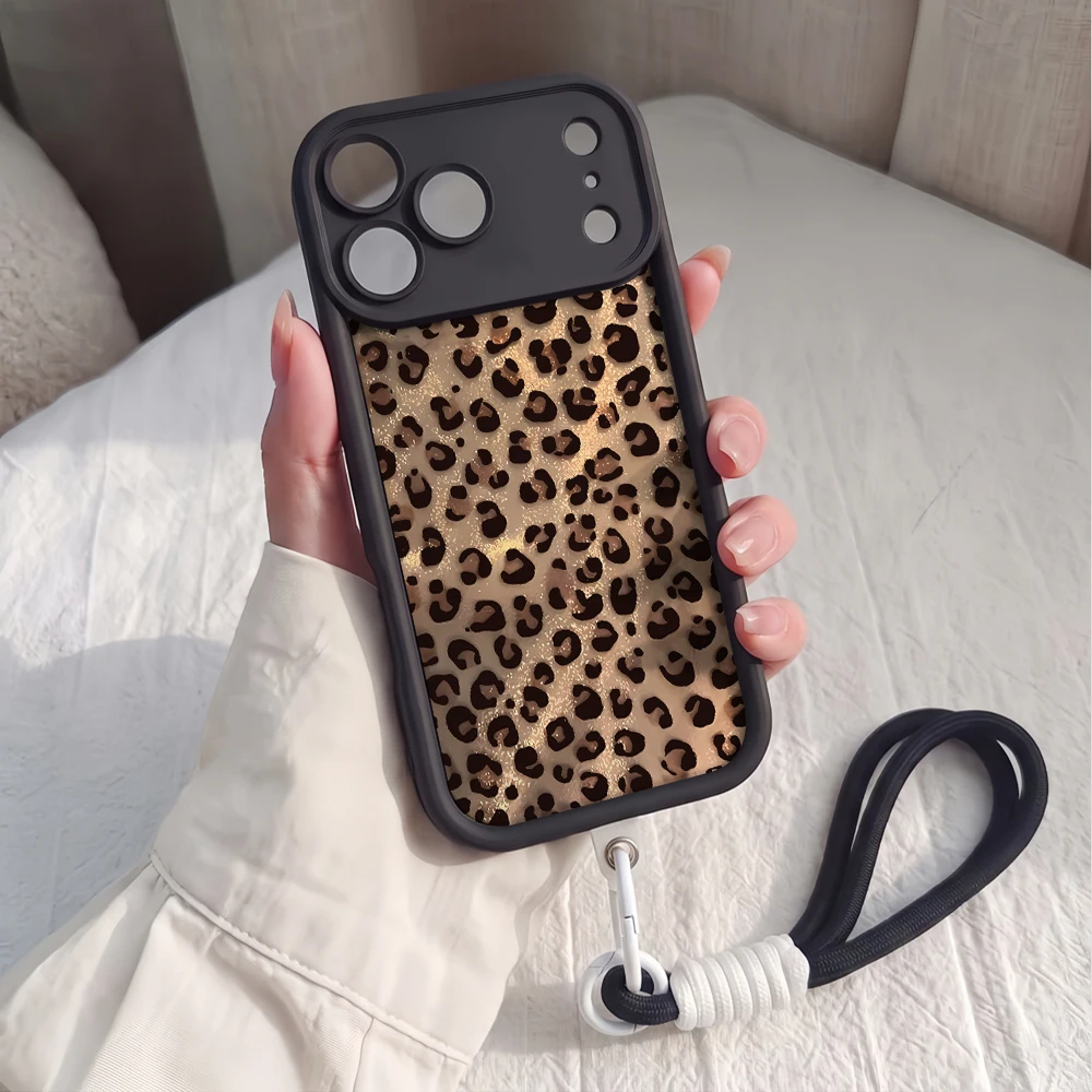 Glitzernde Leopardenmuster-Handyhülle mit Lanyard für iPhone 13 14 15 16 17 Pro Max 16 15 14 Pro Plus 17E Stoßfeste Matte Silikonhülle – Detail 2