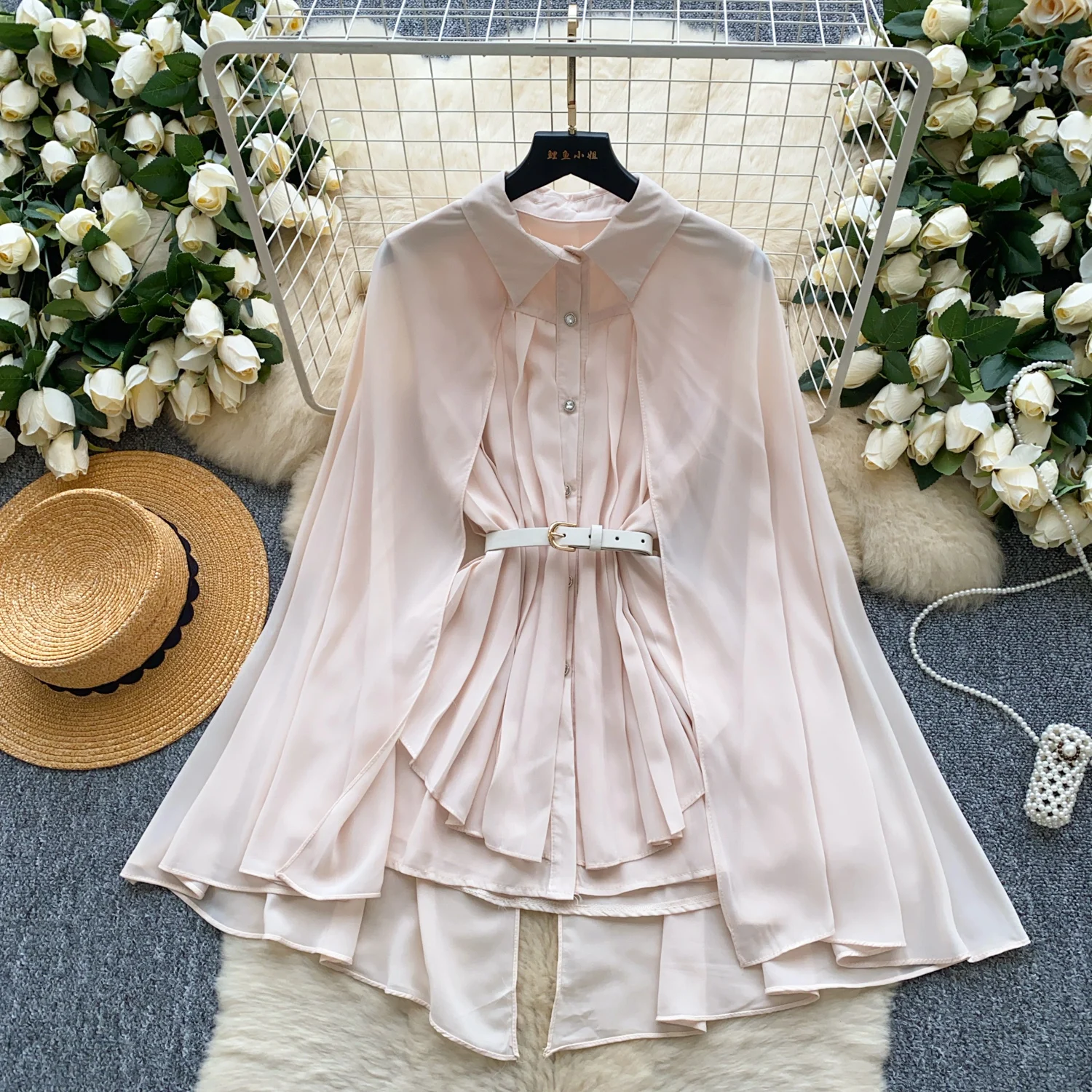 

SuperAen Korean-style Simple Folds Sleeveless Turn-down Collar Shirt for Women Ruffled Pleats Mesh Shawl Woman Sets