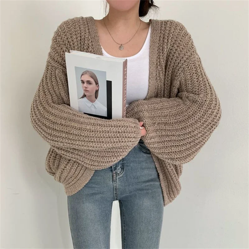 Fashion Chic Loose Sweater Women Vintage Solid Color Lantern Sleeve Cardigan Thick Needle Knitted Tops 2026 Autumn Female Coats