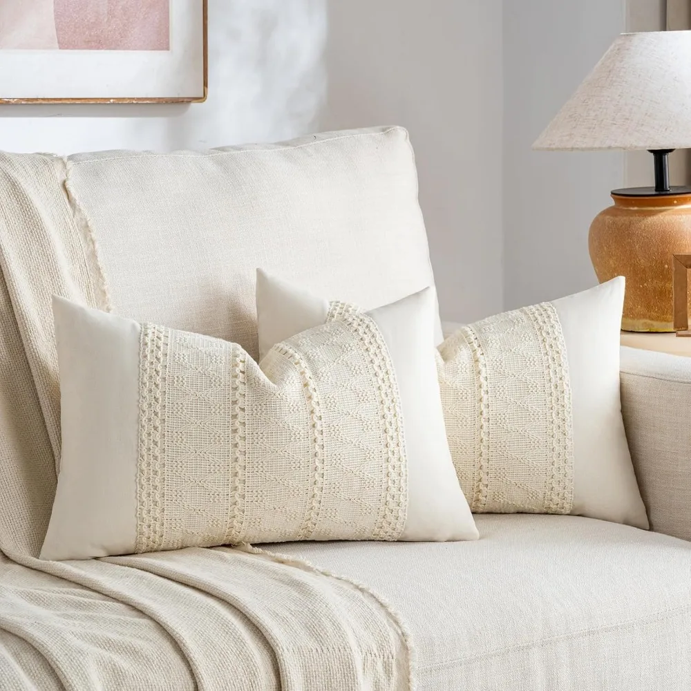 Boho Cream Lumbar Pillow Cover 12x20 Inch Decorative Throw Cushion Case for Sofa Couch Bed Chair Modern Organic Farmhouse Home Decor Soft Cotton Accent Pillow