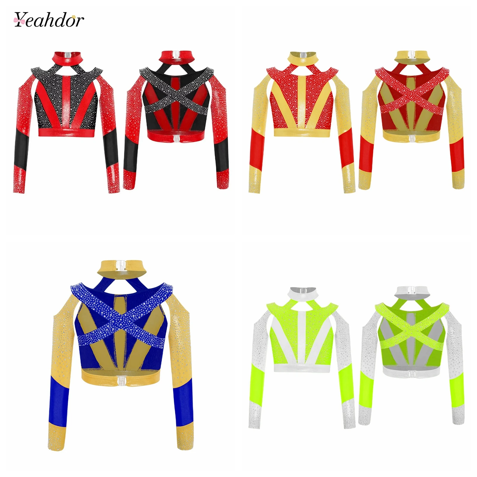 Girls Cutout T-shirts Kids Acrobatics Figure Skating Crop Tops Long Sleeve Clothes Gymnastics Performance Jazz Dance Costume
