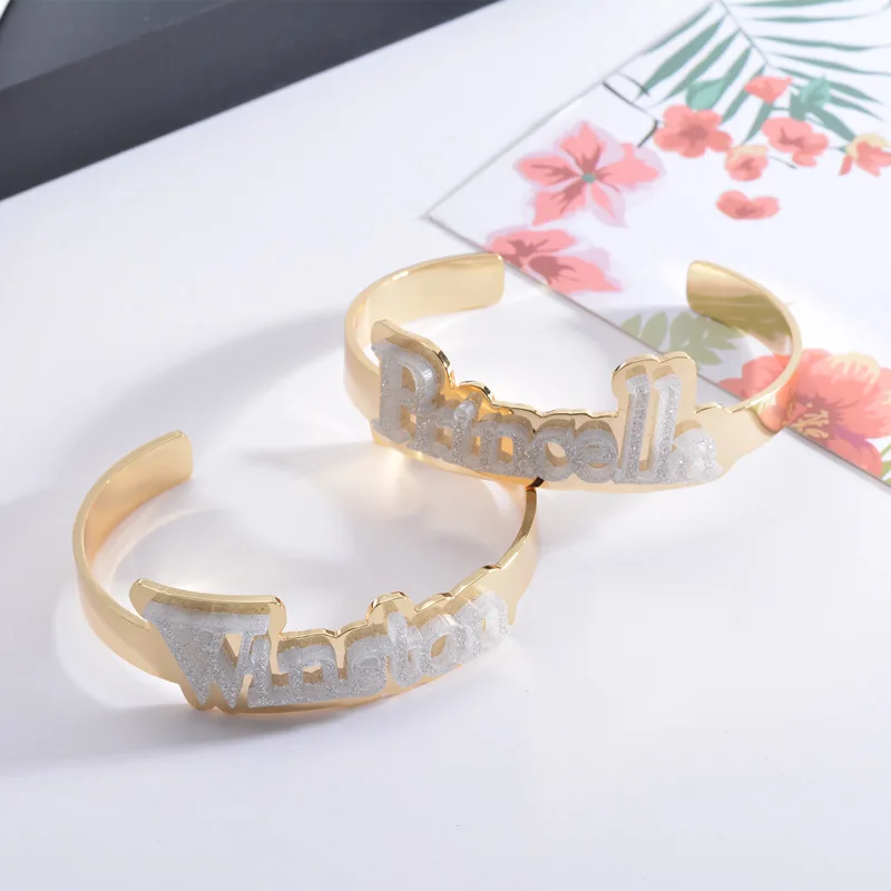 

Lateefah Personalized Name Bangle Double Acrylic DIY Gold Lettered Women‘s Open Bangle Valentine's Day Gifts