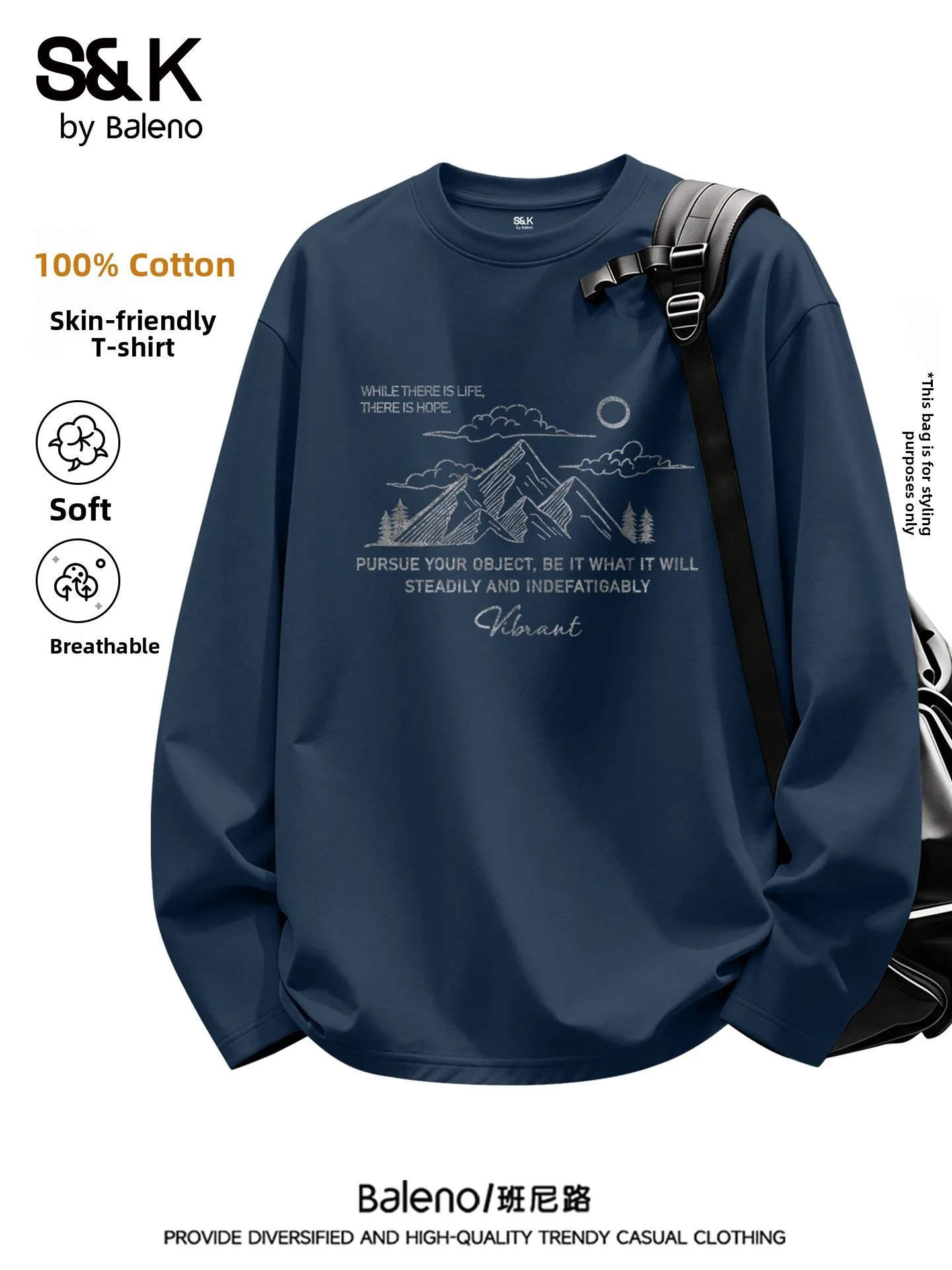 Men's Pure Cotton Base Shirt Grey Cloud Mountain Tibet Blue T-shirt Autumn Fashionable Retro Streetwear for College Students