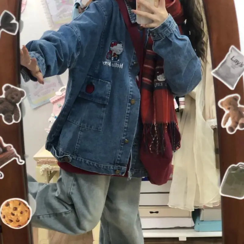 Sanrios Hello Kitty Denim Jacket for Women Cute Autumn and Winter Sweet Girl Loose Sanrios Denim Coat Casual Couple Jacket New