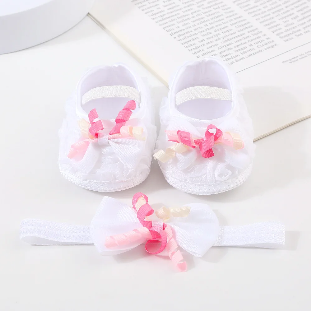 Lente Zomer Pasgeboren Baby Meisje Schoenen + Haarband Strik Bloem Eerste Wandelaar Peuter Baby Schoenen Voor Meisje Fotografie Schoenen