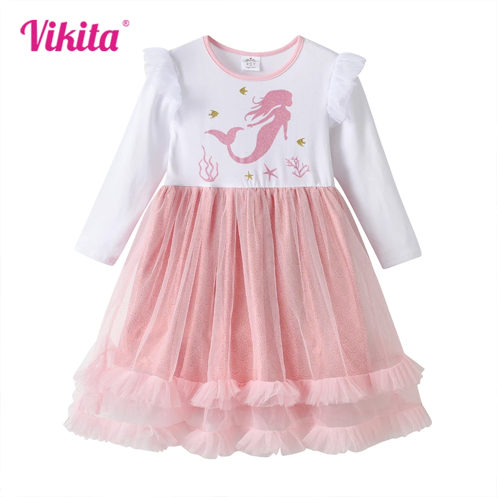 VIKITA Girls Long Sleeve Autumn Spring Dress Kids Mermaid Print Cartoon Princess Dresses Mesh Tulle Layered Party Dresses 3-8 Y