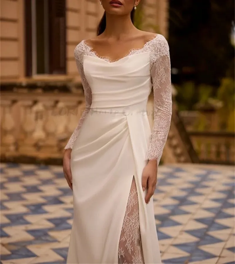 ชุดแต่งงานทรงเอไลน์สุดหรู ปี 2026 คอวี ประดับลูกไม้ ผ้าซาติน แขนยาว สำหรับเจ้าสาว งานแต่งงาน ชุดราตรี ชุดเจ้าสาว