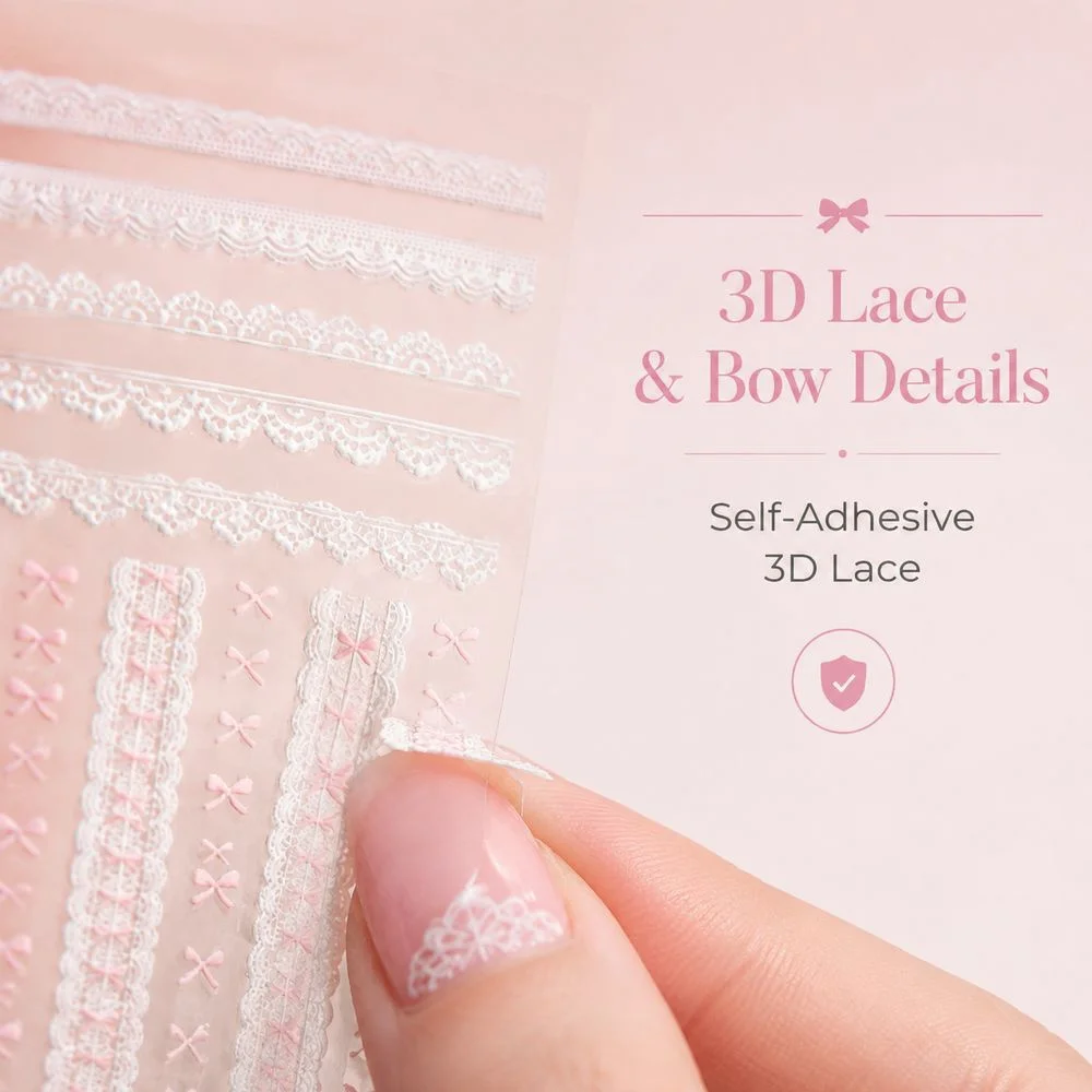 1 Stück Romantische Schleifen-Spitzen-Nagelaufkleber 5D Geprägte Weiße Spitzenstreifen-Aufkleber Rosa Schleifenmotiv Für Den Täglichen Gebrauch Elegante Nagelverzierungen – Detail 3