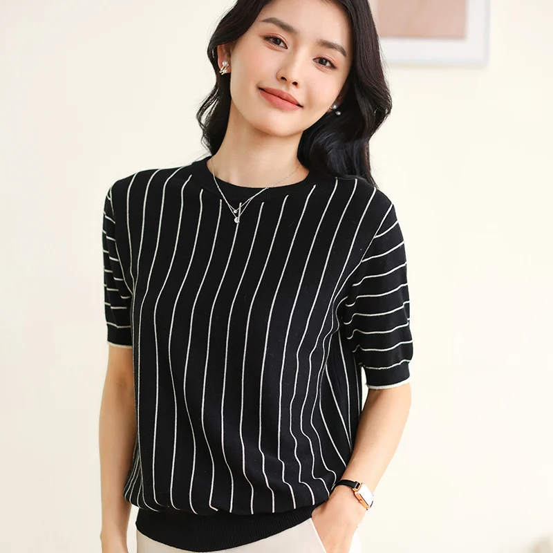 

Women's New Round Collar Vertical Stripes Pullover Vest 100% Cotton Short-sleeved Tees Sweater Summer Knitted Bottoming T-shirt