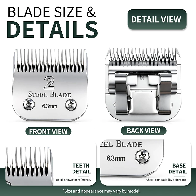 Size 2 Clipper Blade 6.3mm Haircut Professional Electric Clippers Compatible with Oster Classic 76 Silver Also Fits Andis A5