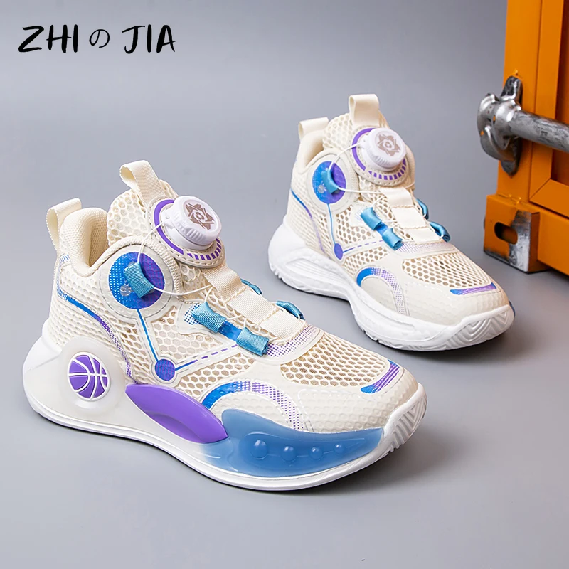 Rotating Buckle Hollow Single Mesh Breathable Children\'s Basketball Shoes Youth Sneaker Boys Outdoor Anti slip Running Footwear