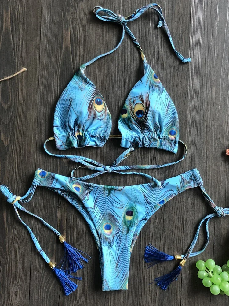 Conjunto de microbikinis sexys para mujer, traje de baño con estampado de plumas, traje de baño femenino, bikinis brasileños 2024