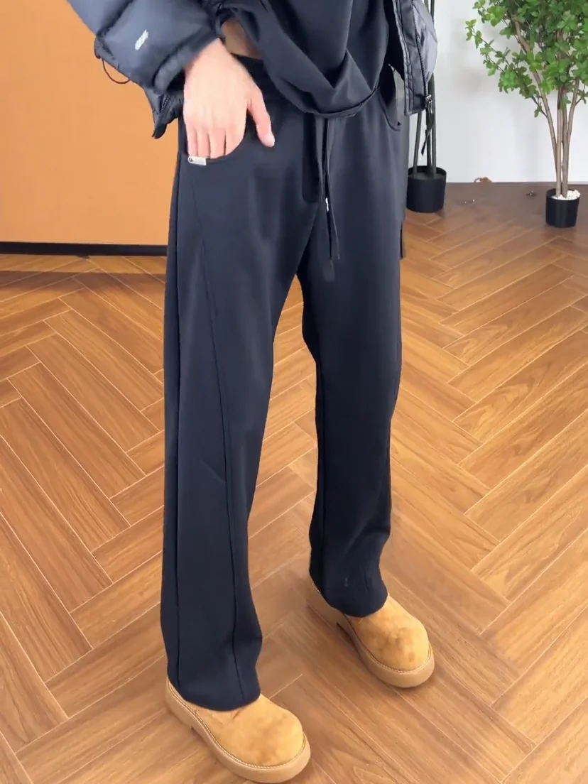 

Men's Fce Lined Wide Leg Pants Thiened Casual Straight Leg Sweatpants Trendy Loose Fit Long Trousers for Winter