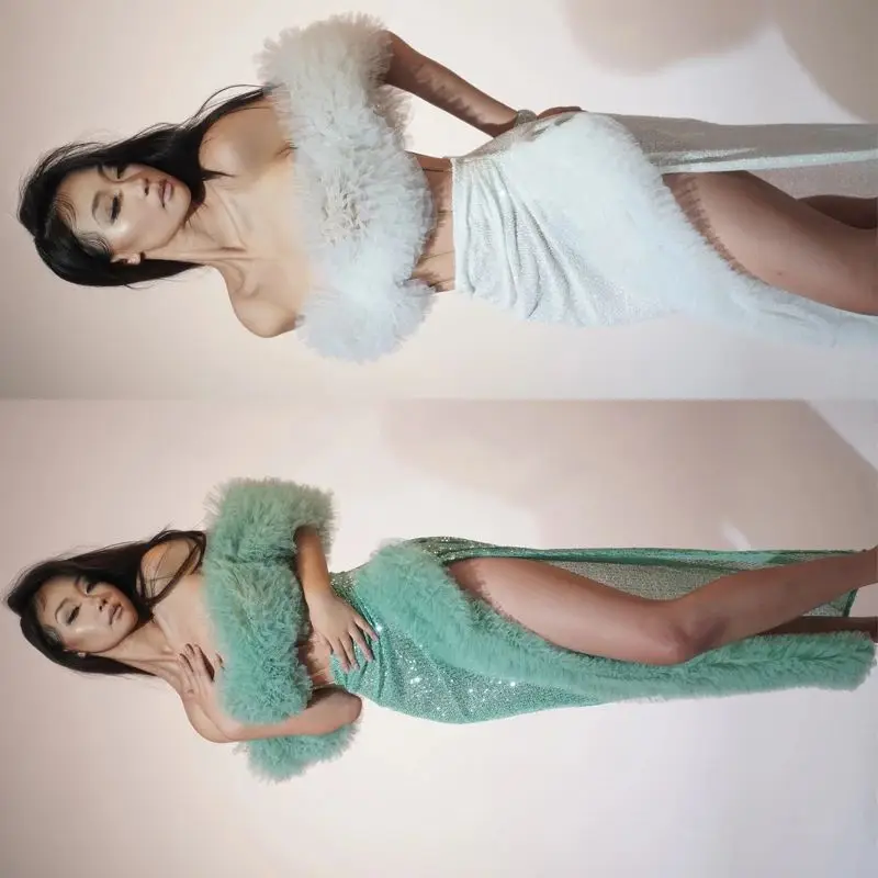 

Women Stage Catwalk Festival Outfits Green White Mesh Sequins Evening Dress Bar Ds Dj Gogo Dance Costume Party Dresses