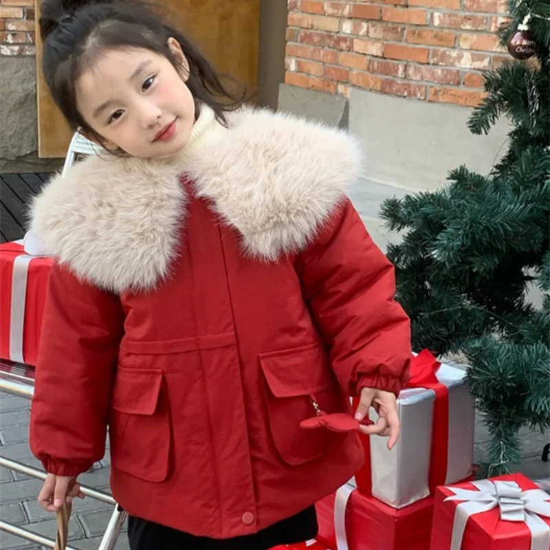 

Girls Coat Overcoat Jacket Windbreak Outerwear 2024 Red Winter Autumn Warm Cotton Christmas Gift Children's Clothing