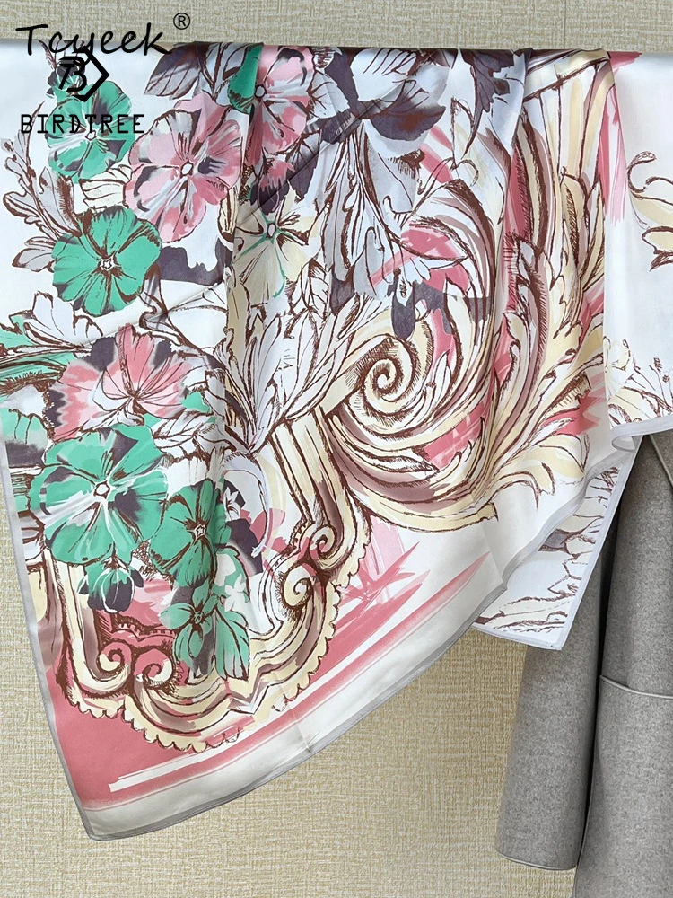 

Tcyeek, 100%Pure Slik Elegant Kerchief, 88cm Retro Flower Printing, Mom Gift Commute Chic Scarf, 2024 Summer Autumn A465132QC