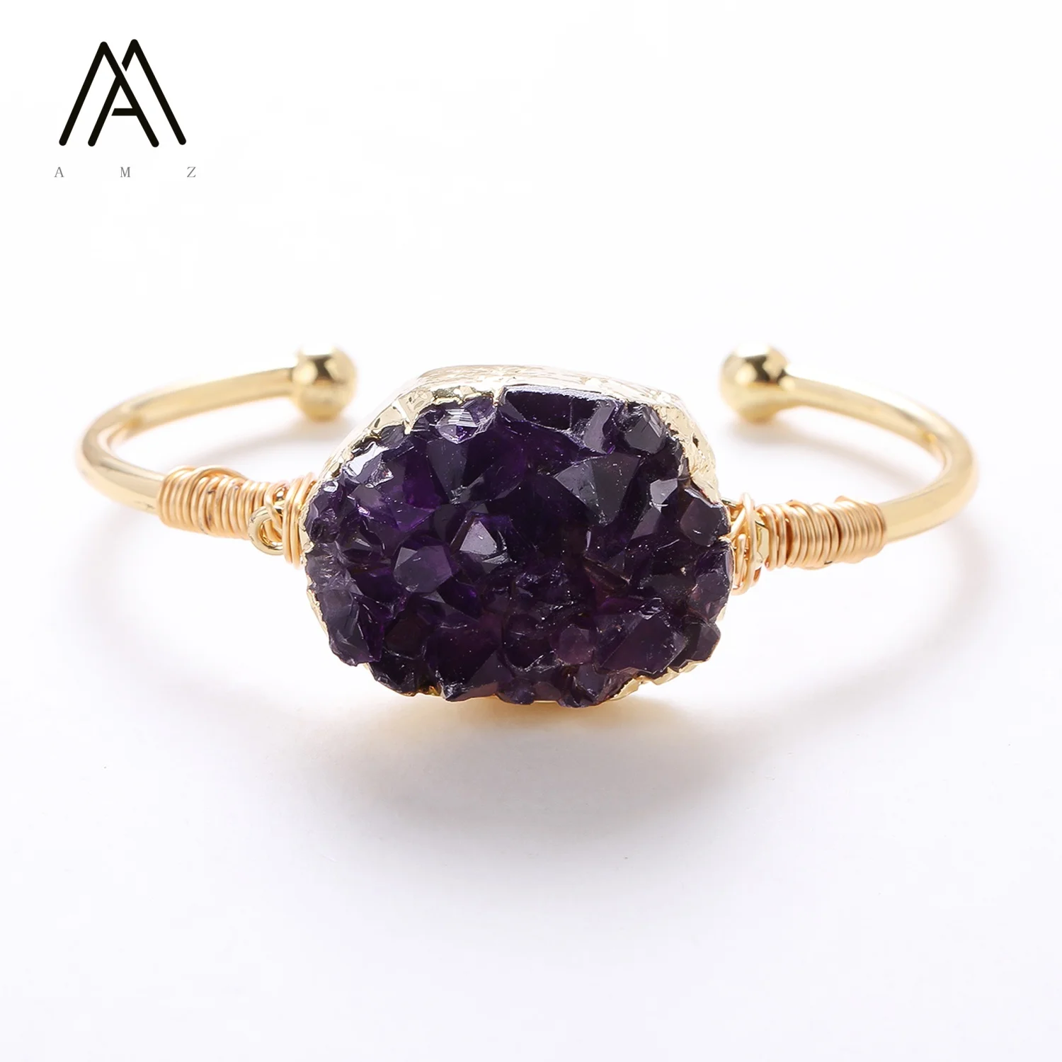 Natural Amethyst Cluster Cuff Bracelet Women Purple Crystal Open Bangle Fashion Cuff Bracelet 18K Gold Plated Boho Jewelry