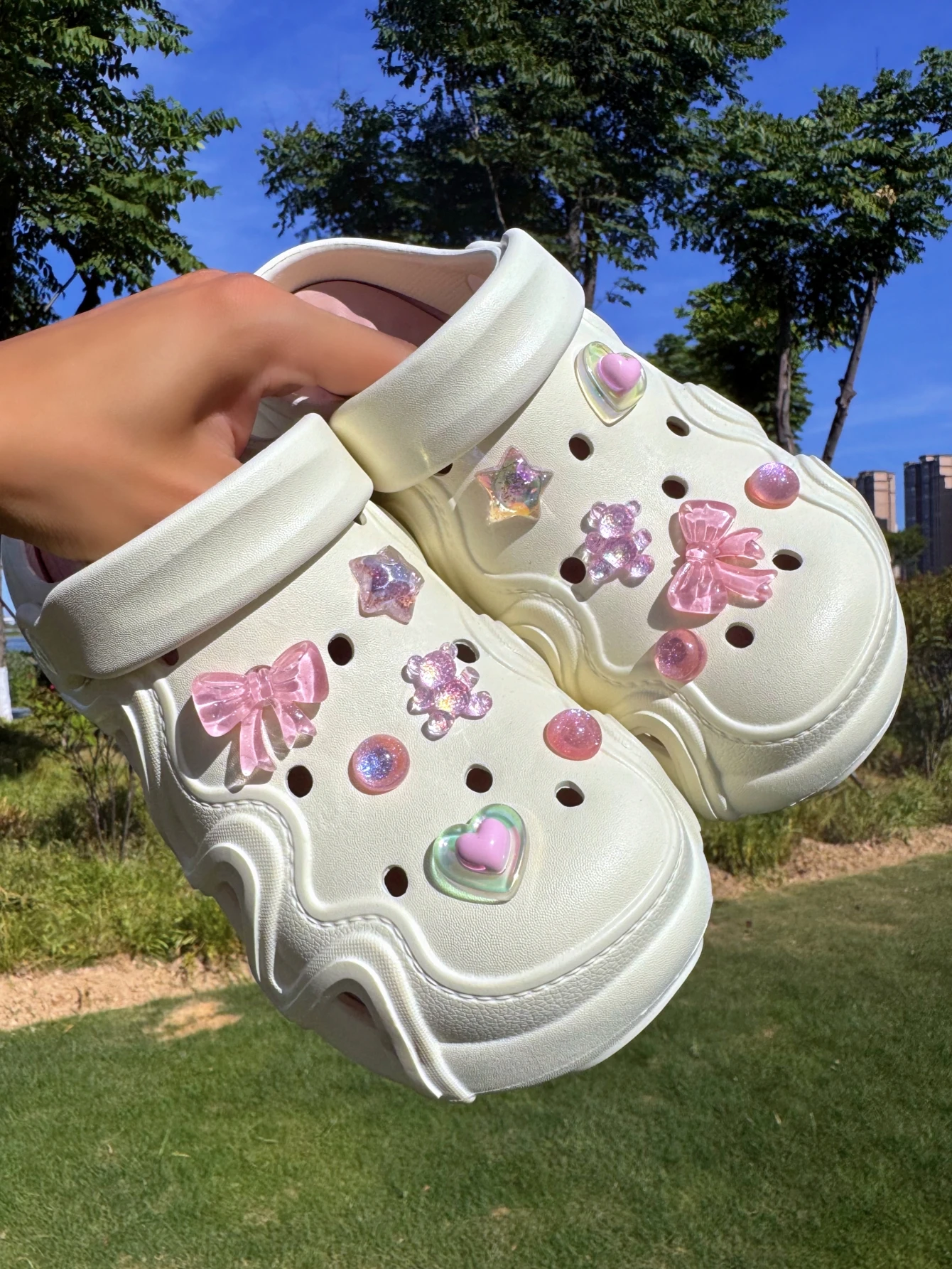 12 cute pink bear heart star bow shoe buckles, DIY decorations, perfect gifts for women's sandals and beach bags