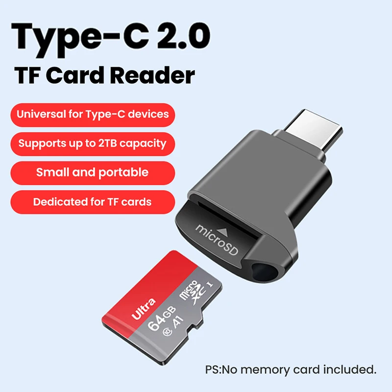 

Внешний кардридер Type-C 2.0 Mini TF для карт памяти, черный, USB-C 2.0, для iPhone 17, 16, Mini TF