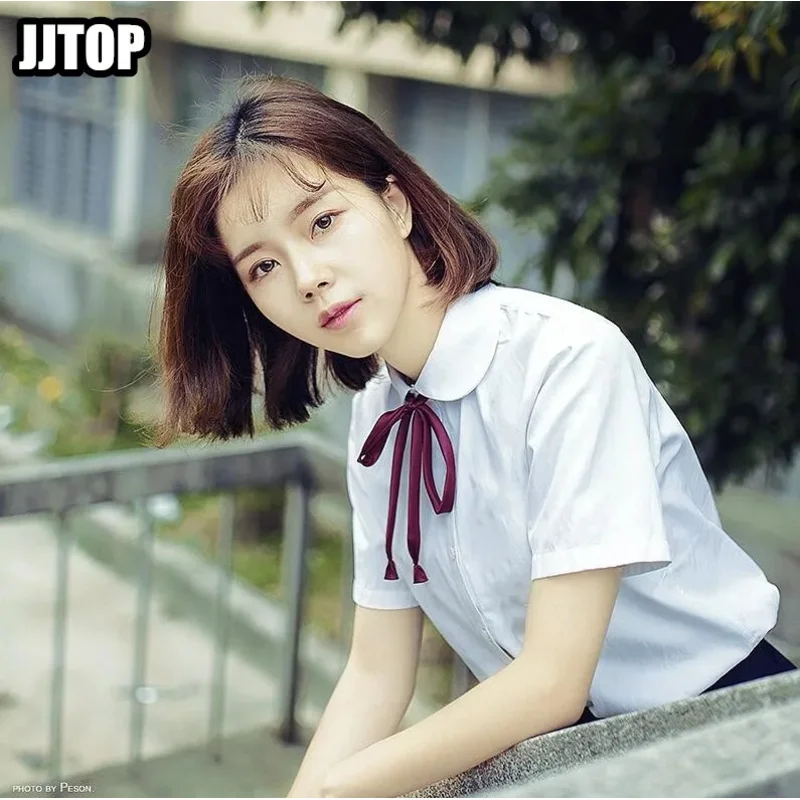 

Японская школьная форма JK, рубашка с короткими рукавами и приталенной талией, японская ортодоксальная рубашка, милая блузка с воротником Питера Пэна С ТЯКОЙ