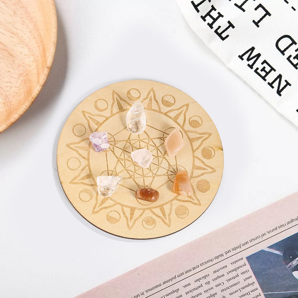 

10cm Laser Engraved Round Wood Metatron Flower of Life Hexagram Board Desktop Ornament Dining Table Coaster Heat-insulating Mat