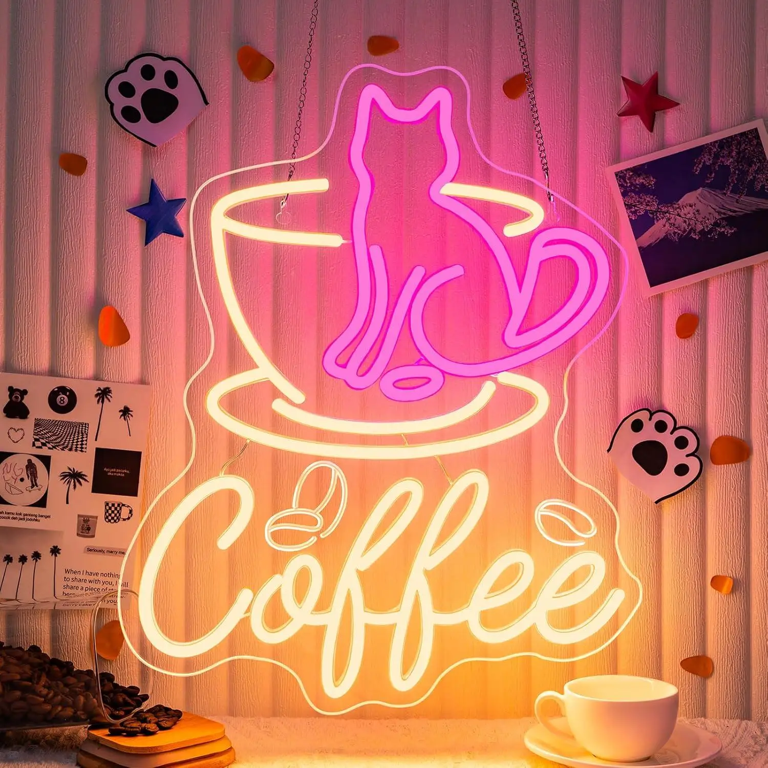 Cat Coffee Cup Neon Sign USB Dimmable LED Light for Coffee Shop Bakery Kitchen Bedroom Office Cafe Party Decoration Night Light