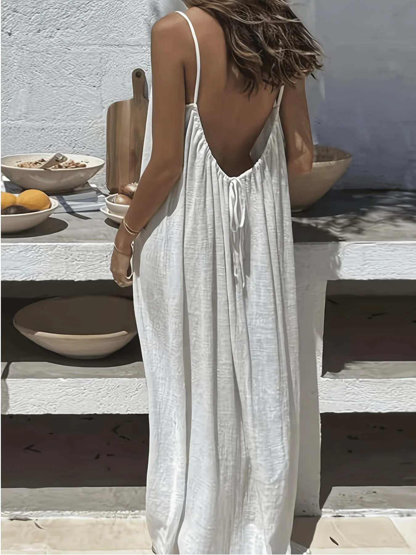 Plus Size, Women's Plus Size Off-Shoulder/ Neck Dress - Solid Color -Line Maxi Dress with Open Back Tie Neck, Machine Washable