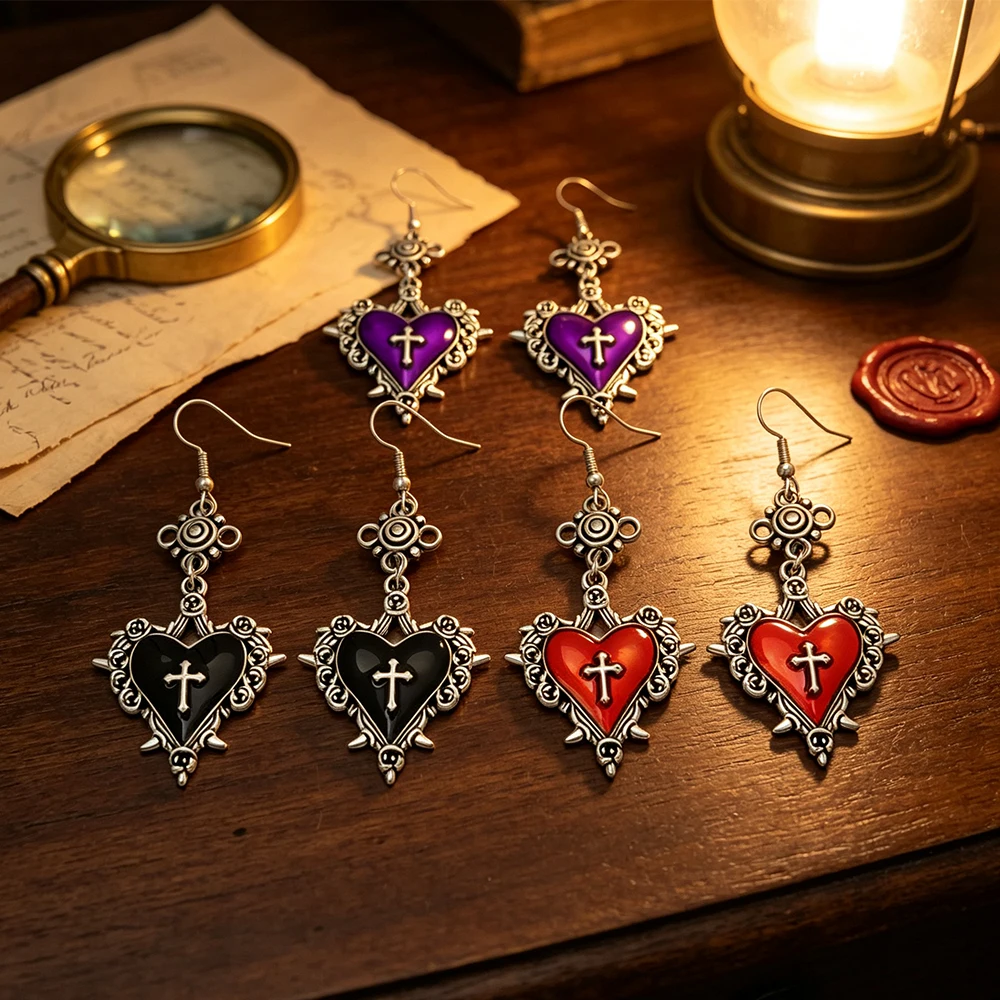 Vintage Distressed Silver Spike Heart Cross Long Hook Earrings, Three-Color Enamel Heart-Shaped Dangle Earrings, Gothic Dark Atmosphere Style Accessories