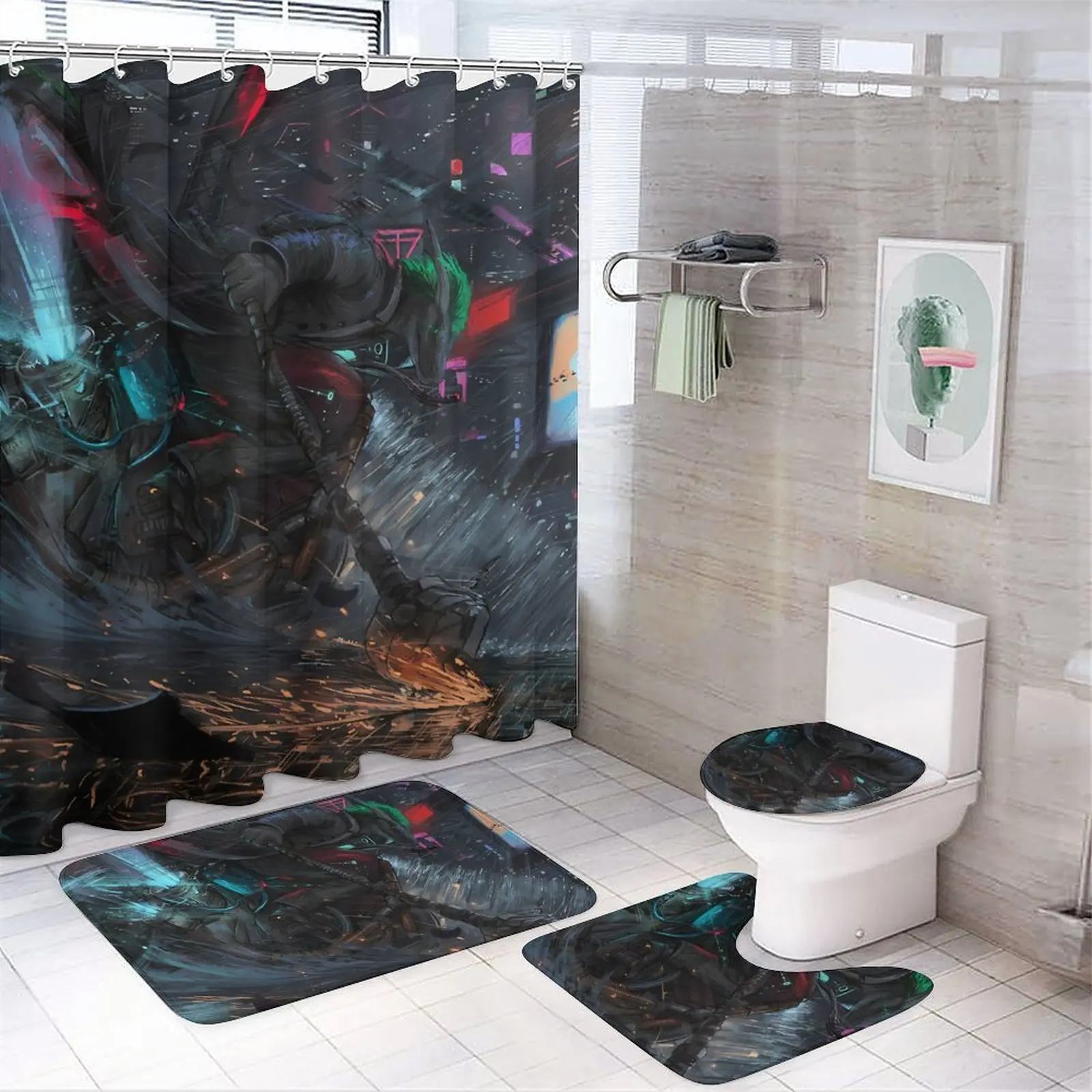 Set of 4 Printed Shower Curtain Decoration Bathroom Waterproof Cover Screen Cushion Toilet  Cover