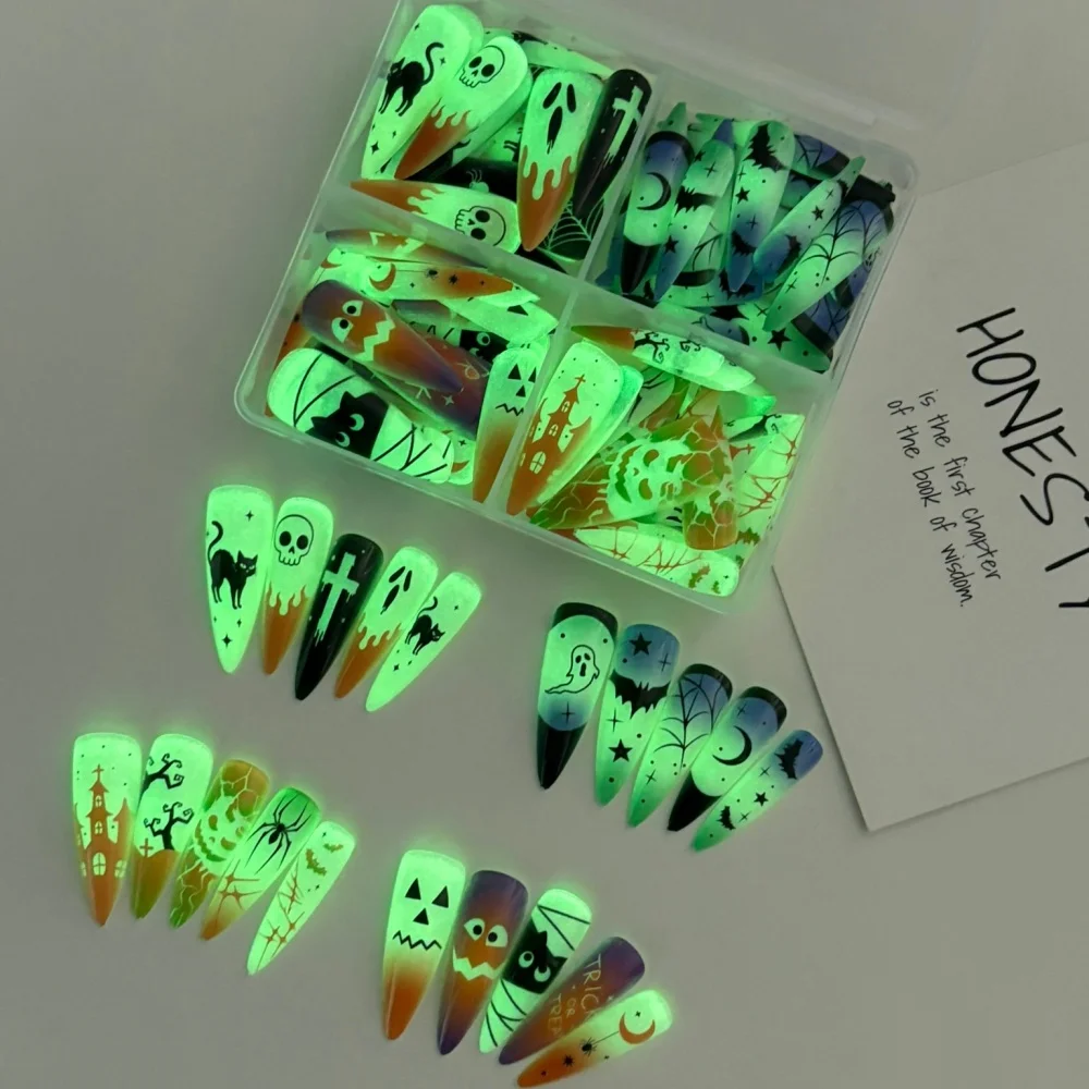 96Pcs Luminous Halloween Press On Nails Stiletto Ghost Skull Spider False Nail Acrylic Nail Art Cosplay Costume Party Night Club