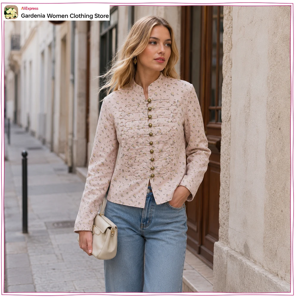 Elegant Floral Print Blazer for Women High Neck Tailored Blazers Long Sleeves Pink Blazer with Fabric Appliqué and Metal Buttons