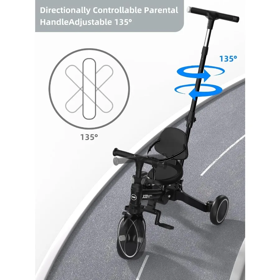 Bicicleta infantil, triciclo dobrável 6 em 1 para crianças de 1 a 4 anos com alça de controle parental, bicicleta de equilíbrio com pedal removível,