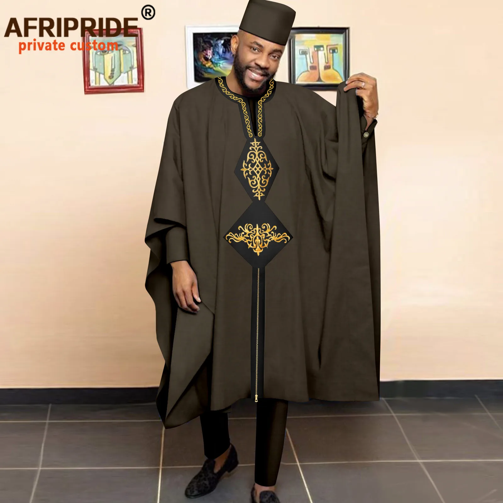 African Clothing for Men Embroidery Agbada Robes Shirts Pants and Hats 4 Piece Set Dashiki Outfits for Wedding Evening A2216053