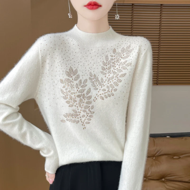 100% Pure Wool.Printed Diamond Studded Long Sleeved New Semi High Neck Knitted Loose Fitting Sweater With Bottom Knitted Sweater