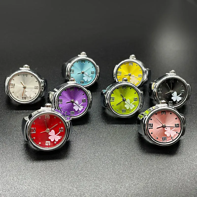 WLP Vintage Punk Quartz Watch Finger Rings Women Men Couples  Mini Elastic Strap Alloy Watches Leaf Clock Ring Rman Jewelry Gift