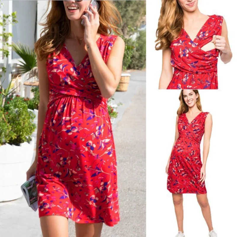 2024 V-Neck Summer New Pregnant Women's Clothes Red Print Sleeveless Breastfeeding Dress Postnatal Casual Nursing Dresses