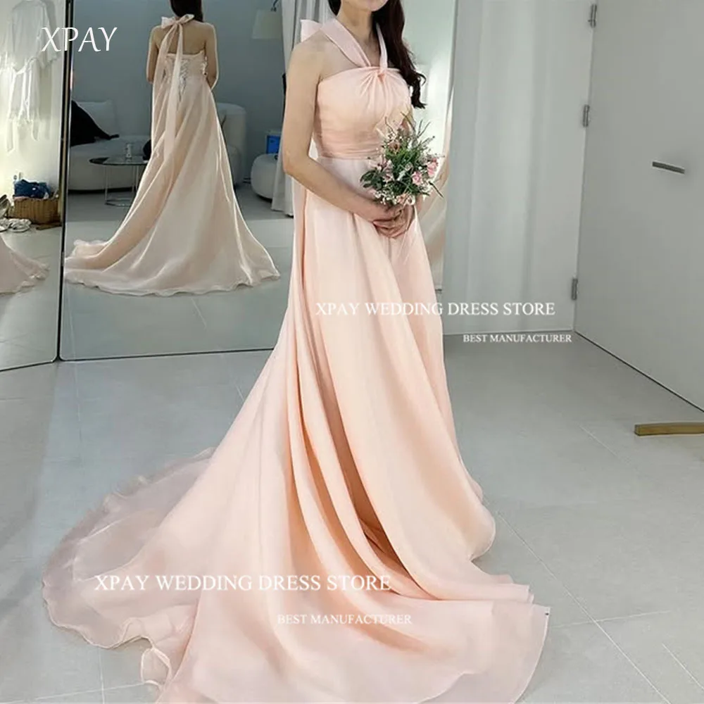 

XPAY Halter Soft Pink Pleat Evening Dresses Korea Wedding Photo shoot Silk Organza Floor-Length Prom Gown Corset Back Customized